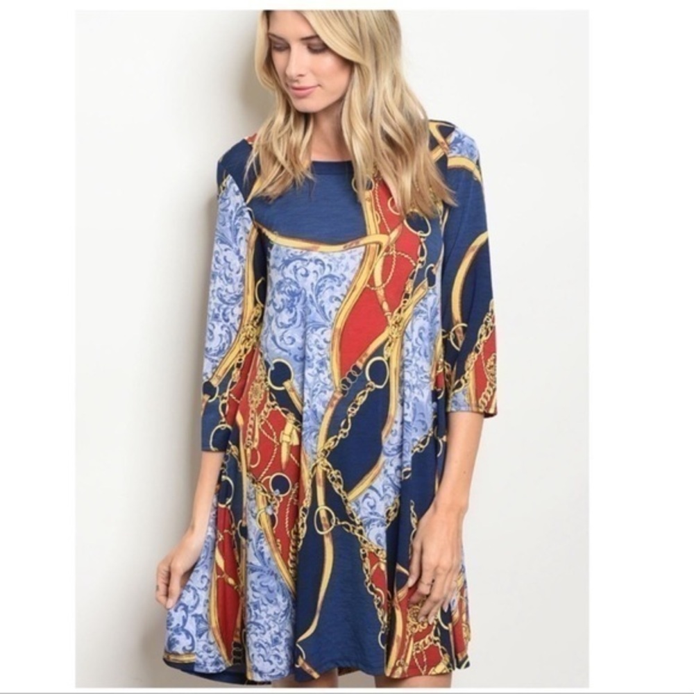 3/4 Sleeves Navy /Red Printed Dress NEW